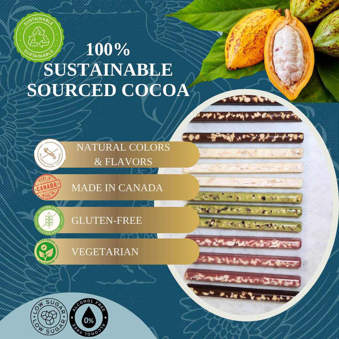 Classic Wands Box With Nuts made from 100% sustainably sourced cocoa, featuring natural colors, gluten-free, vegetarian, and made in Canada.
