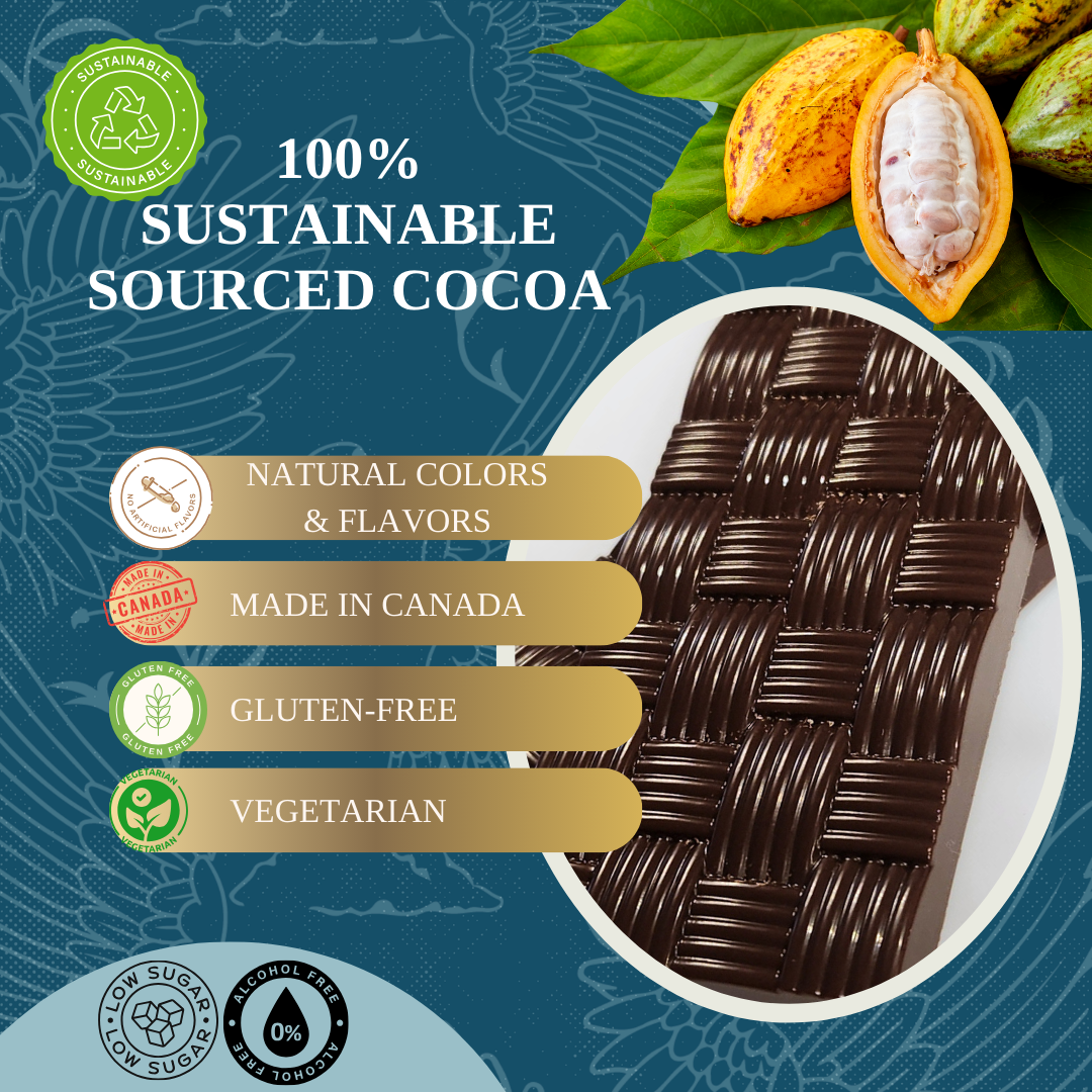 Sustainably sourced dark chocolate with natural colors and flavors. Made in Canada, gluten-free, and vegetarian-friendly.