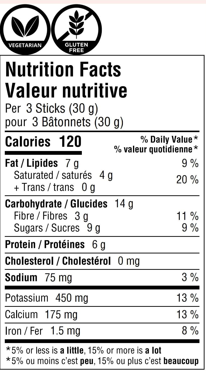 Dark chocolate nutrition facts label showing 120 calories per 30g serving. Highlights include gluten-free, vegetarian, and low sodium content.