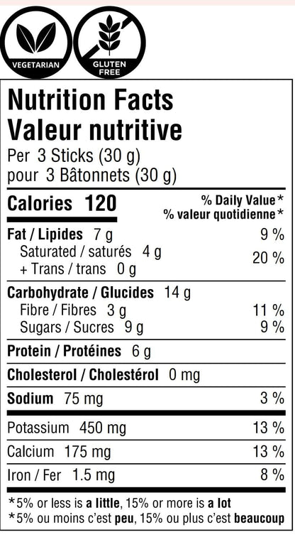 Dark chocolate nutrition facts label showing 120 calories per 30g serving. Highlights include gluten-free, vegetarian, and low sodium content.
